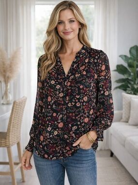 CeCe Black Floral Blouse